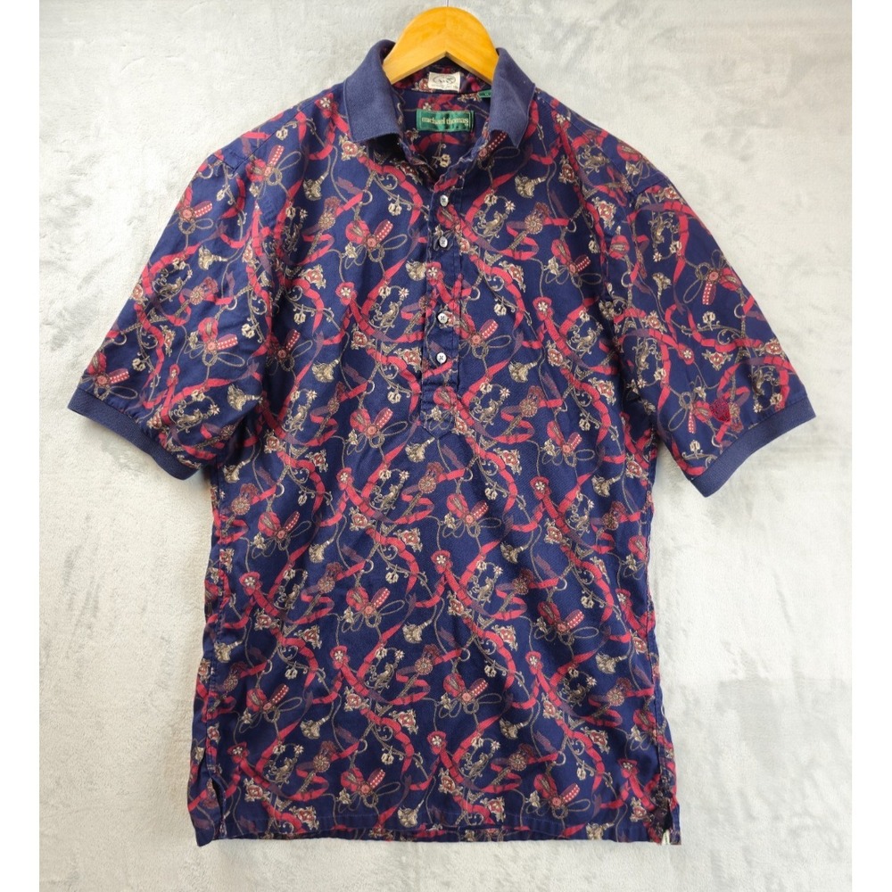 Vtg Michael Thomas Popover Shirt Medium Navy Red AOP Egyptian Nile Cotton 90s